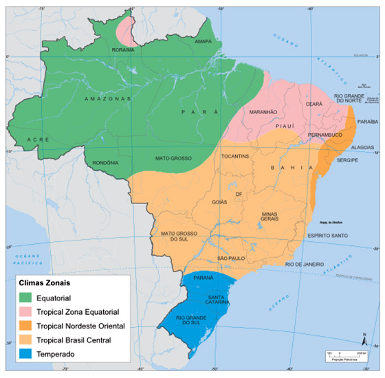 Mapa dos climas do Brasil: Equatorial; Tropical Zona Equatorial; Tropical Nordeste Oriental; Tropical Brasil Central; Temperado