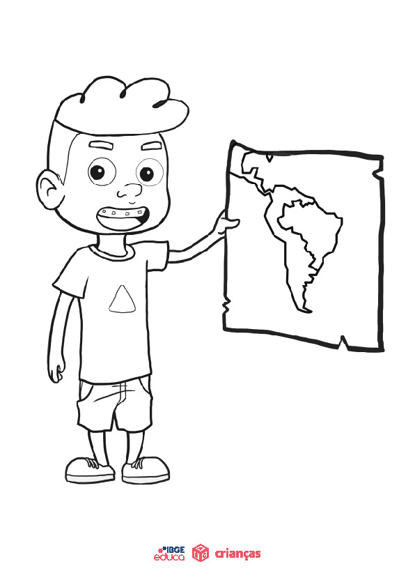 Pedro segurando um mapa para colorir