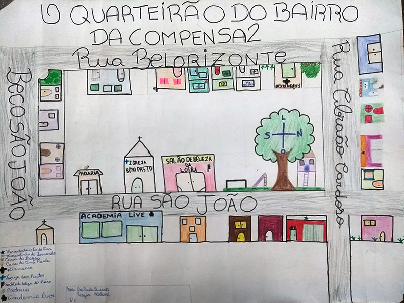 Croqui feito em hidrocor e lápis de cor, sobre cartolina, de quarteirão no bairro Compensa 2, em Manaus (AM)