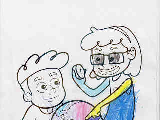 Pintura do desenho dos personagens Bel e Pedro com globo terrestre e bússola