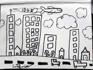 Desenho em hidrocor preta, sobre papel branco, de rua com carros, casas, prédios e pessoas; no céu, nuvens e um avião trazendo uma faixa em que se lê "IBGE"