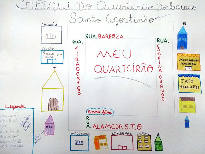 Croqui feito em hidrocor e lápis de cor, sobre cartolina, de quarteirão no bairro Santo Agostinho, em Manaus (AM)