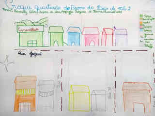 Croqui feito em hidrocor e lápis de cor, sobre cartolina, de quarteirão no bairro Lírio do Vale 2, em Manaus (AM)