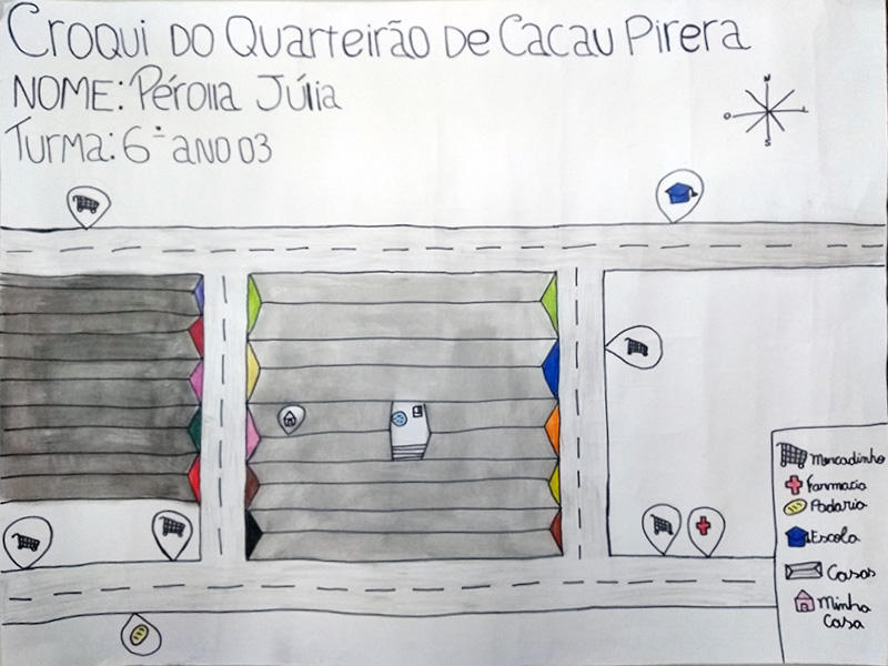 Croqui feito em hidrocor e lápis de cor, sobre cartolina, de quarteirão no bairro Cacau Pirera, em Manaus (AM)