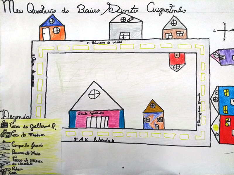 Croqui feito em hidrocor e lápis de cor, sobre cartolina, de quarteirão no bairro Santo Agostinho, em Manaus (AM)