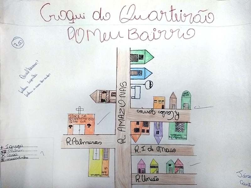 Croqui feito em hidrocor e lápis de cor, sobre cartolina, de quarteirão em Manaus (AM)