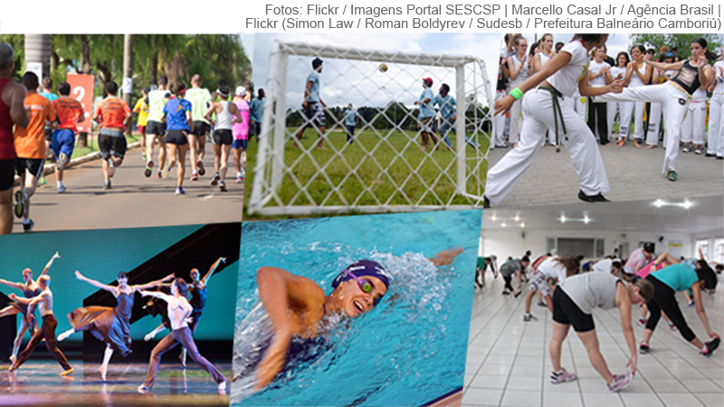 Imagens de diversos tipos de práticas de esportes e atividades físicas