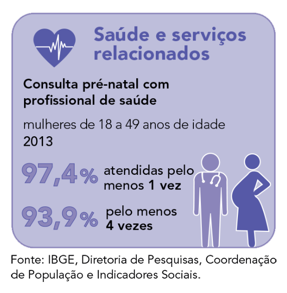 Mulheres que tiveram consulta pré-natal com profissional de saúde (2013): 97,4% atendidas pelo menos 1 vez; 93,9% atendidas pelo menos 4 vezes