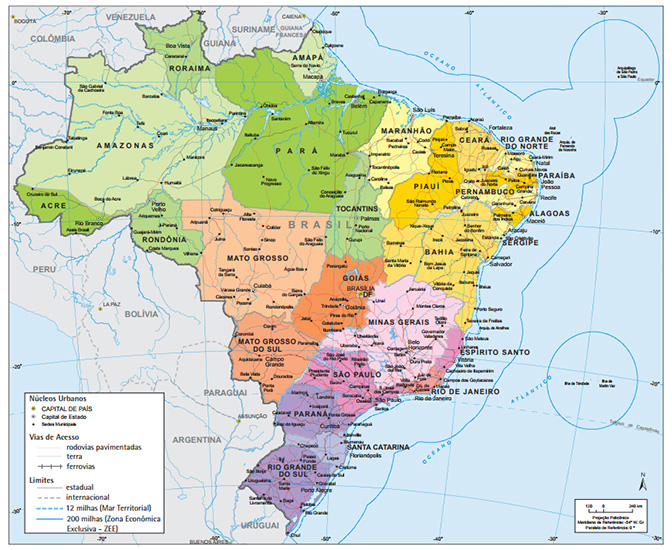Mapa político do Brasil, com as divisões em 5 regiões e 27 Unidades da Federação, assinalando as capitais estaduais e as principais cidades